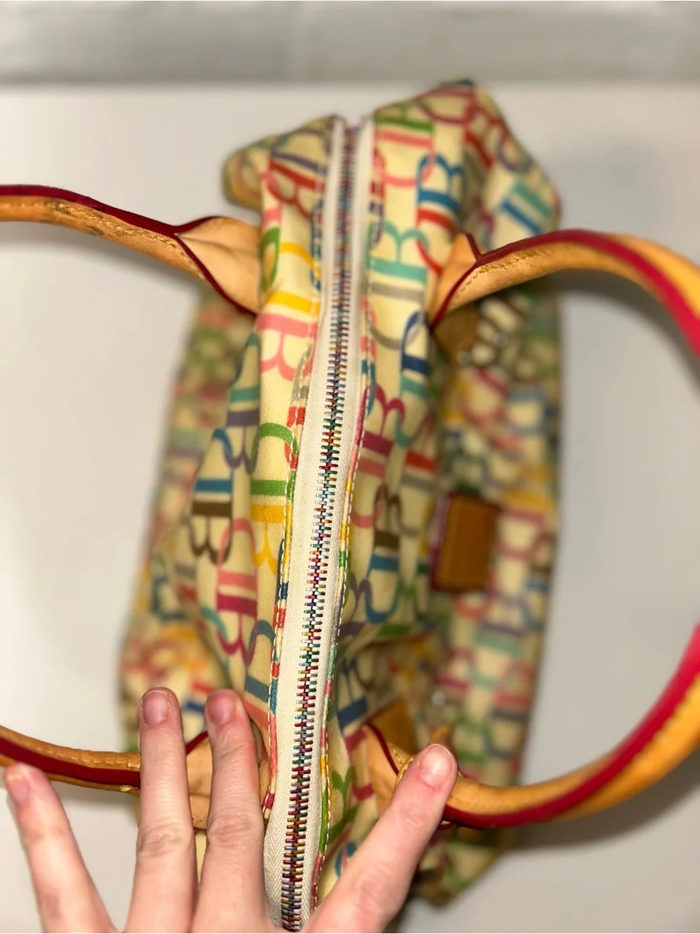 Dooney & Bourke Multicolor Logo Satchel with Tan Trim
